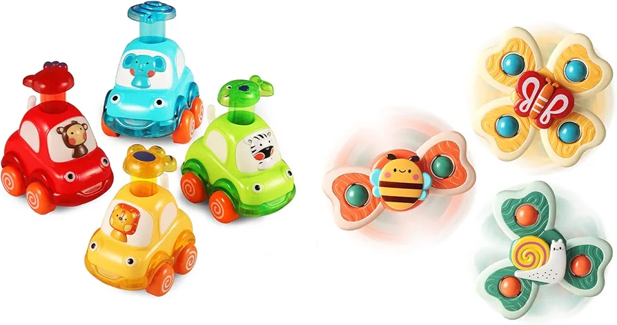 ALASOU 4 PCS Animal Car Toys and 3 PCS Suction Cup Spinner Toys for infant and toddlers