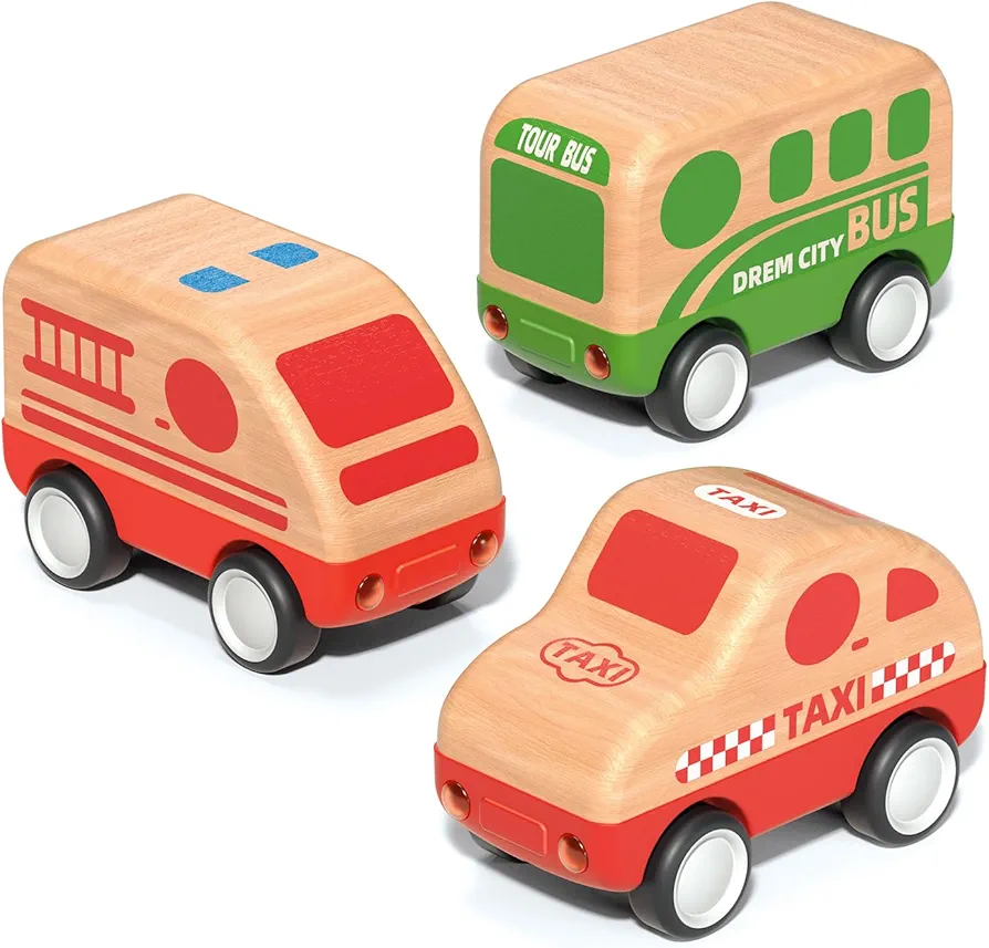 3pcs Wooden Toys Cars, Taxi, Fire Truck, City Bus, Educational Toy, Early Learning for Toddlers, Colorful Vehicles Play Set for 2 3 Year Old Boys Girls Christmas Birthday Gift