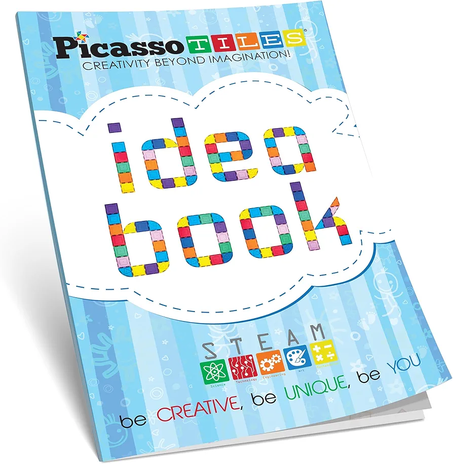 PicassoTiles STEAM Idea Book - 230 Pages of Magnet Tiles Building Block Creation Ideas Installation Instruction Toy Difficulty Guide Indicator Learning Book Brain Development for Kids Age 3+