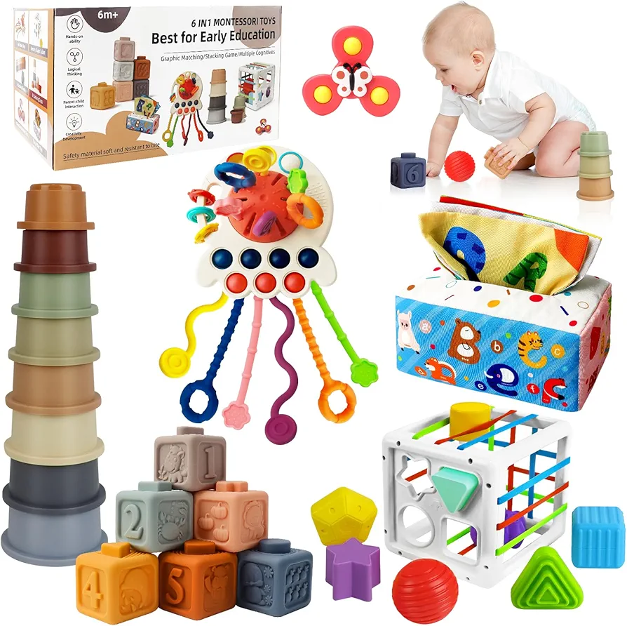 6 in 1 Baby Toys 6 to 12 Months, Montessori Toys for Babies Incl Pull String Toy, Stacking Cups, Tissue Box Toy, Suction Cup Spinner Toy, Stacking Blocks, Activity Cube Gift for Boy Girl