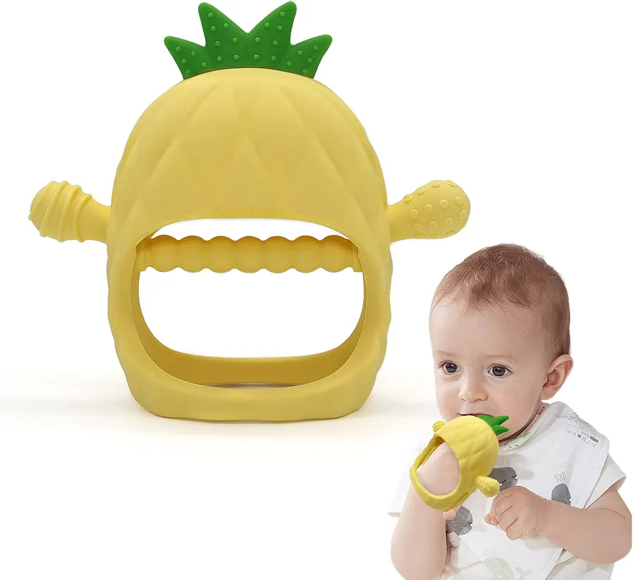 Pineapple Shape Baby Teething Toys, Never Drop Hand Wrist Teether, PAPACHOO Baby Chew Toys for Sucking Needs, Silicone Baby Mitten Teether for Soothing Teething Pain Relief, Easy to Grip (Yellow)