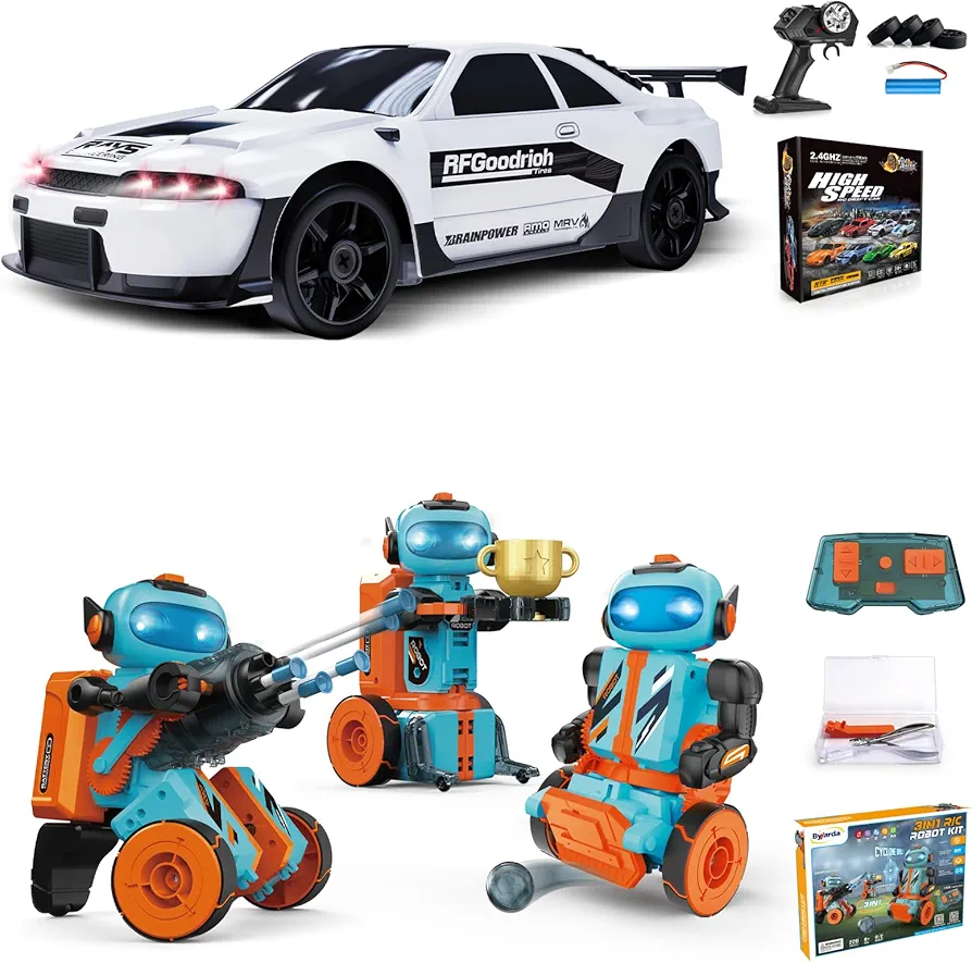 2 PCS RC Drift Car and STEM Robot Building Kit 1:24 Remote Control Car and 3-in-1 Remote Control Robot Educational Set for Kids Boys Girls Adults Gifts Birthday Christmas Rechargeable Batteries