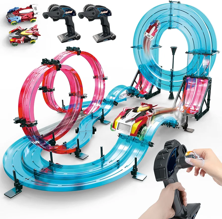 REMOKING RC Track Car, STEM Rail Race RC Track Car Toys Build Your Own 3D Super Track Ultimate Slot Car Playset 2 Cars 2 Remote Controllers Party Game, Great Gifts Toys for Kids Boys Girls Age 6 7 8 9