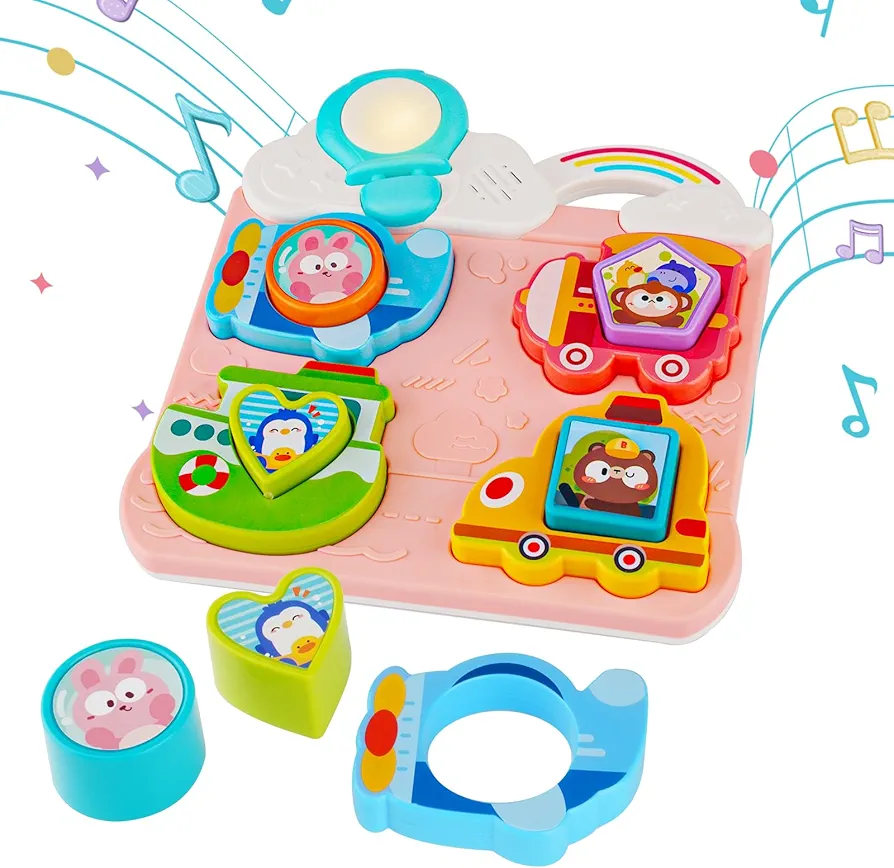 1 Year Old Girl Toys Light-Up Musical Shape Sorter Toy for Baby - Fun Vehicle Sound Puzzle for Toddler Montessori Learning, Vehicle Themed Toddler Toys for 18 Months Boy/Girl Birthday Gift-Pink