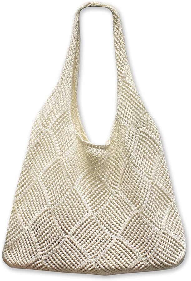 Beach Bag for Women, Crochet Tote Bag, Woven Shoulder Bag, Mesh Handbag, Knit Summer Boho Bag, for Beach Travel Daily Use, White Apricot, one size