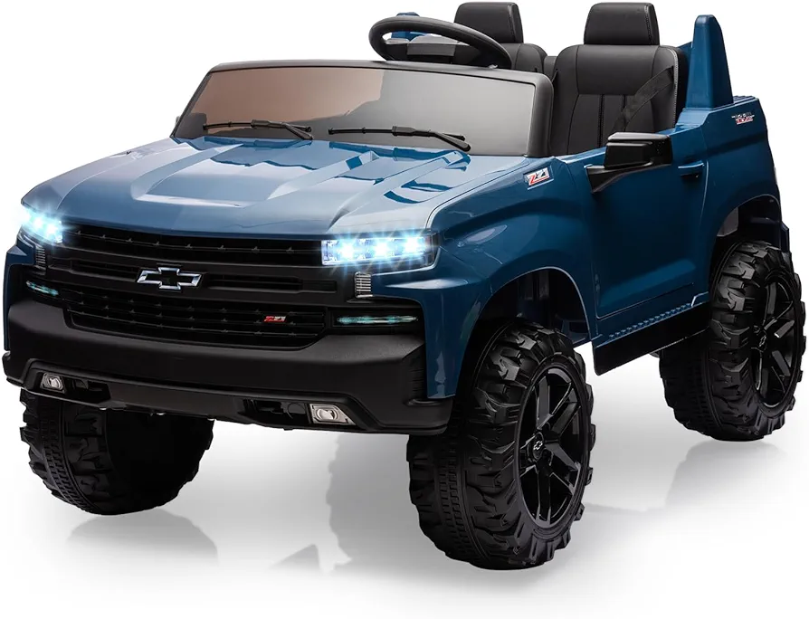 Baby Car 24V 2-Seater Truck Licensed Chevrolet Silverado Ride On Toy w/Parent Remote Control,4xSpring Suspension, Wireless Music, Electric Vehicle Car for Kids Ages 3-8,Blue