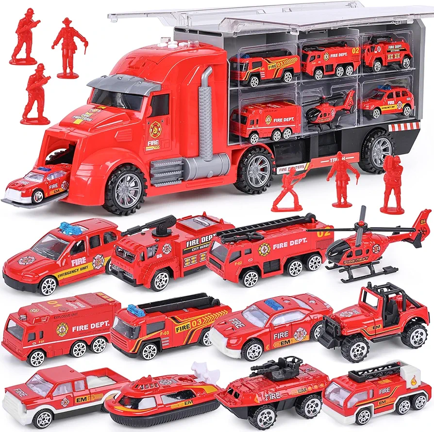 LovesTown Fire Truck Toy Set, 25 in 1 Rescue Emergency Truck with Sounds Lights 12 Rescue Vehicles 12 Firemen Figures for Kids Birthday