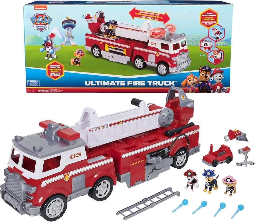 PAW Patrol Ultimate Rescue Fire Truck with 2 Ft. Ladder, Lights, Sounds, a Mini Toy Car, Chase, Marshall & Skye Figures, Toys for Boys & Girls Ages 3+