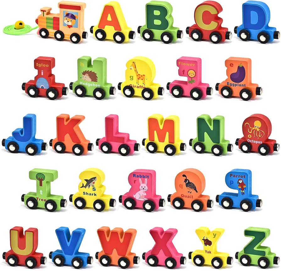 Atoylink 27 Pcs Wooden Train Cars Set Toddlers Magnetic Alphabet Animal Train Toy Kids Boys Girls Letter Cars Montessori Educational Toys for Age 3 4 5 6 7 8