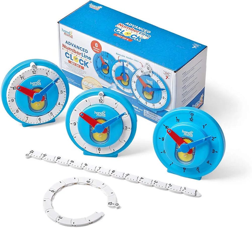 hand2mind Advanced NumberLine Clock, Telling Time Teaching Clock, Elapsed Time Clock, Analog Clock Learning for Kids, Middle School Clock Manipulatives, Teaching Time Classroom Clock (Set of 6)