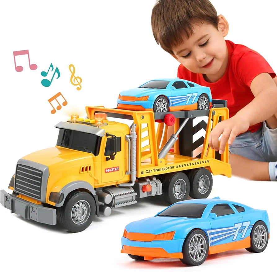 Toddler Trucks Toys for 3 4 5 6 7 Year Old Boys Kids Girls, 15" Big Flatbed Tow Truck Toy with Toy Car, Kids Truck Boy Toys Transport Vehicle Carrier Car with Lights & Sounds Birthday Gifts