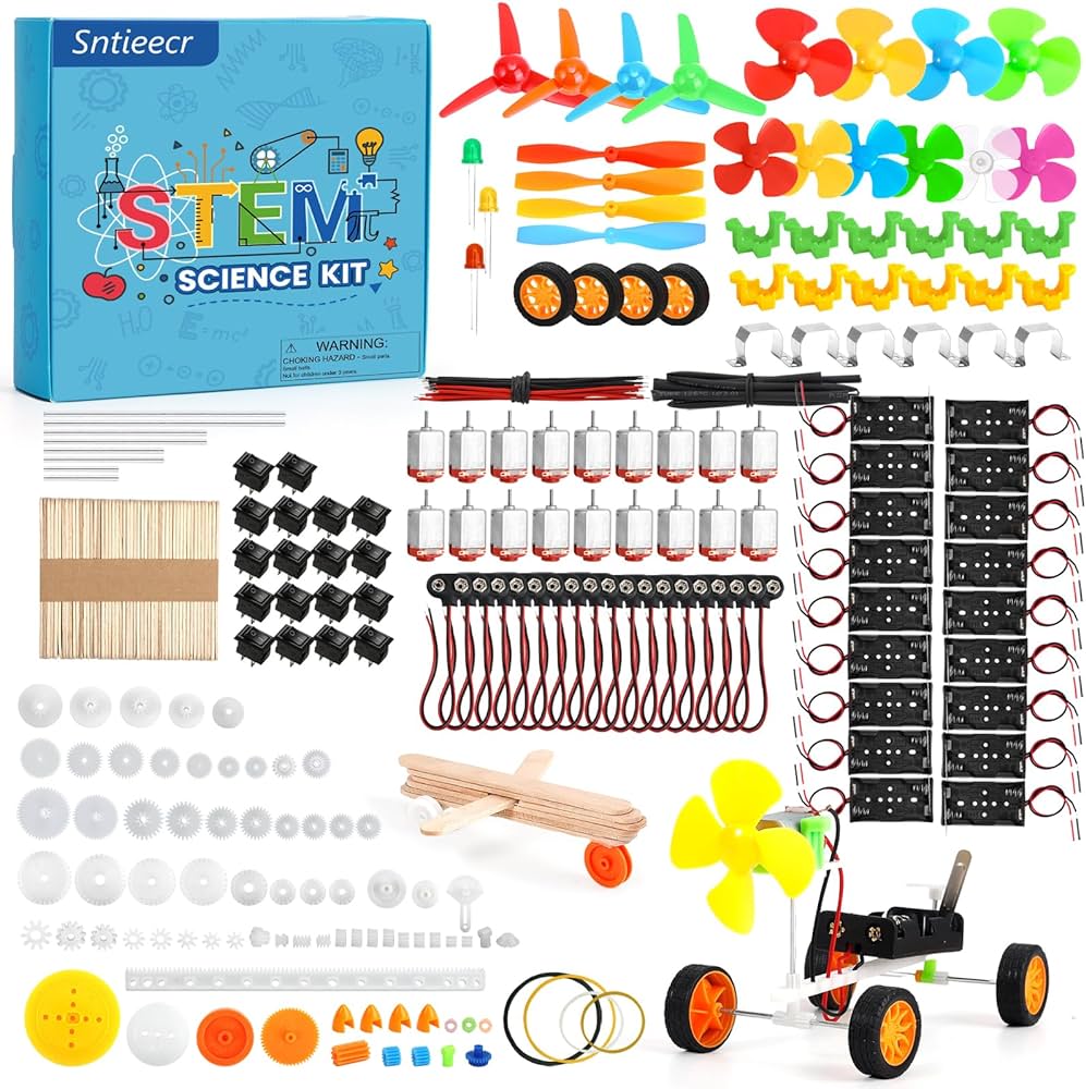 Sntieecr 276PCS DC Motor Kit, Mini Electric Circuit Kit for DIY Science Projects with Motors, LED Light, Vanes Propeller, AA Battery Holder, Plastic Gears, Electrical Engineering Kit for Education