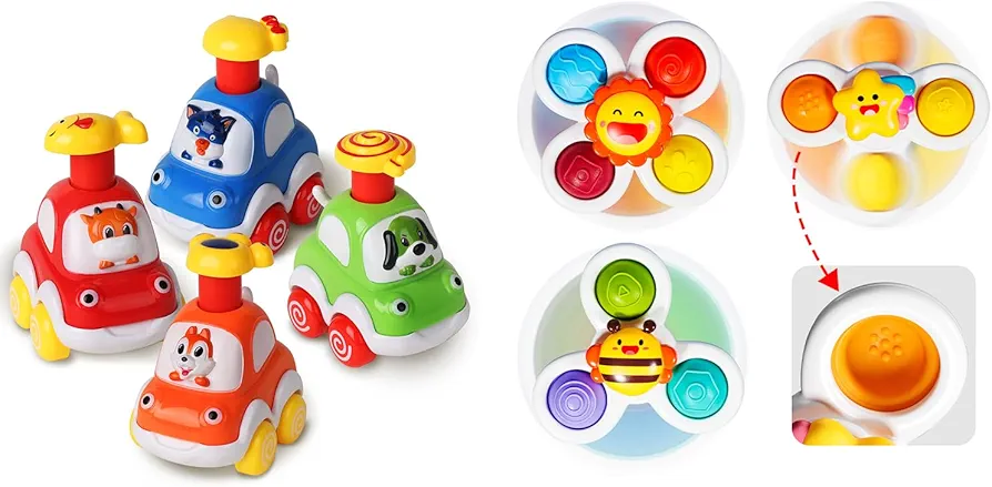 ALASOU 4 PCS Animal Car Toys and 3 PCS Suction Cup Spinner Toys for Infant and Toddlers