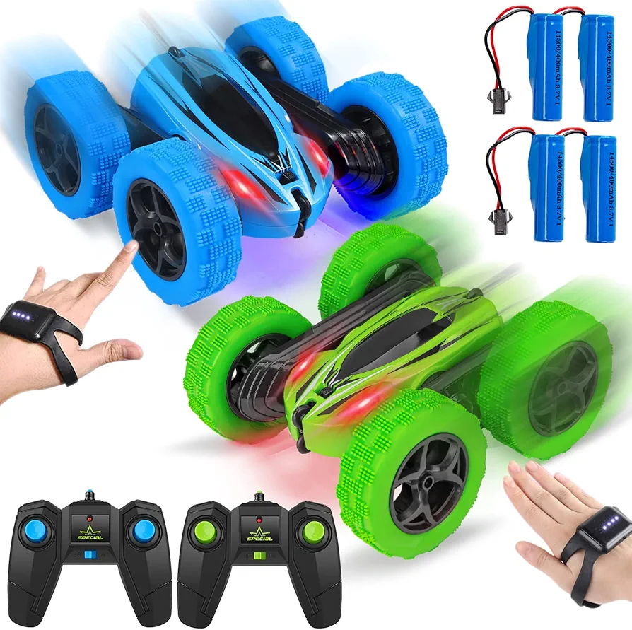 2PACK RC Stunt Car Watch Gesture Sensor Car 4WD Double Sided 360 Degree Rotating Tumbling Rechargeable Car High Speed 2.4GHZ Off Road Hobby RC Toy Cars for Xmas Birthday Gift Adults,Kids (Blue/Green)