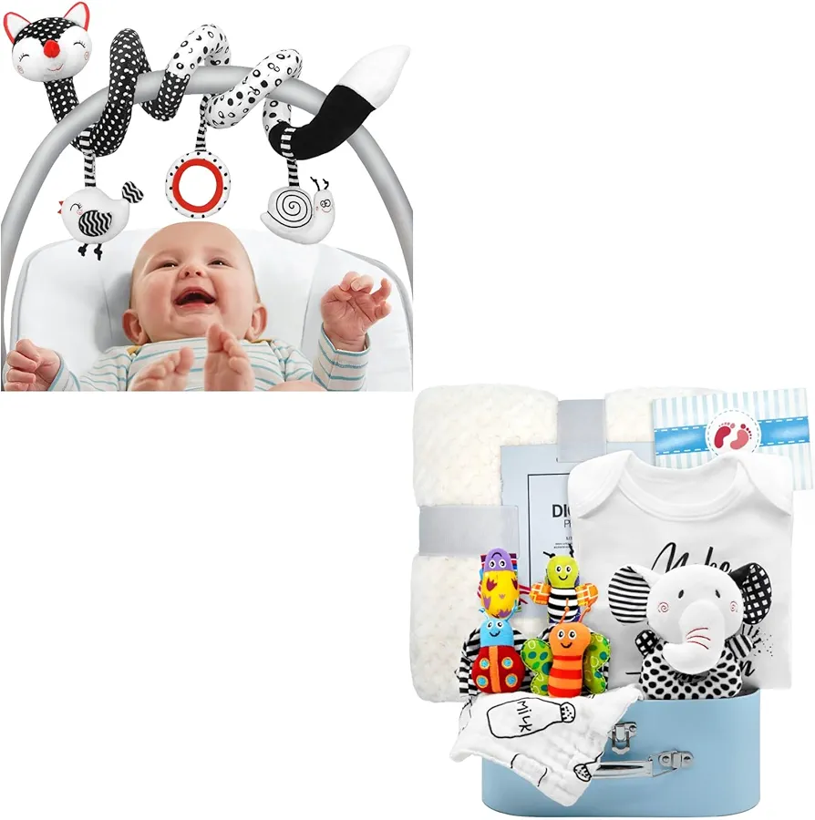 XIXILAND Baby Shower Gifts Baby Girls Boys Gifts 10Pcs Baby Gift Basket & Car Seat Toys Baby Toys 0-3 Months Infant Toys Spiral Stroller Toys, High Contrast Baby Toys for 0 3 6 9 12 Months