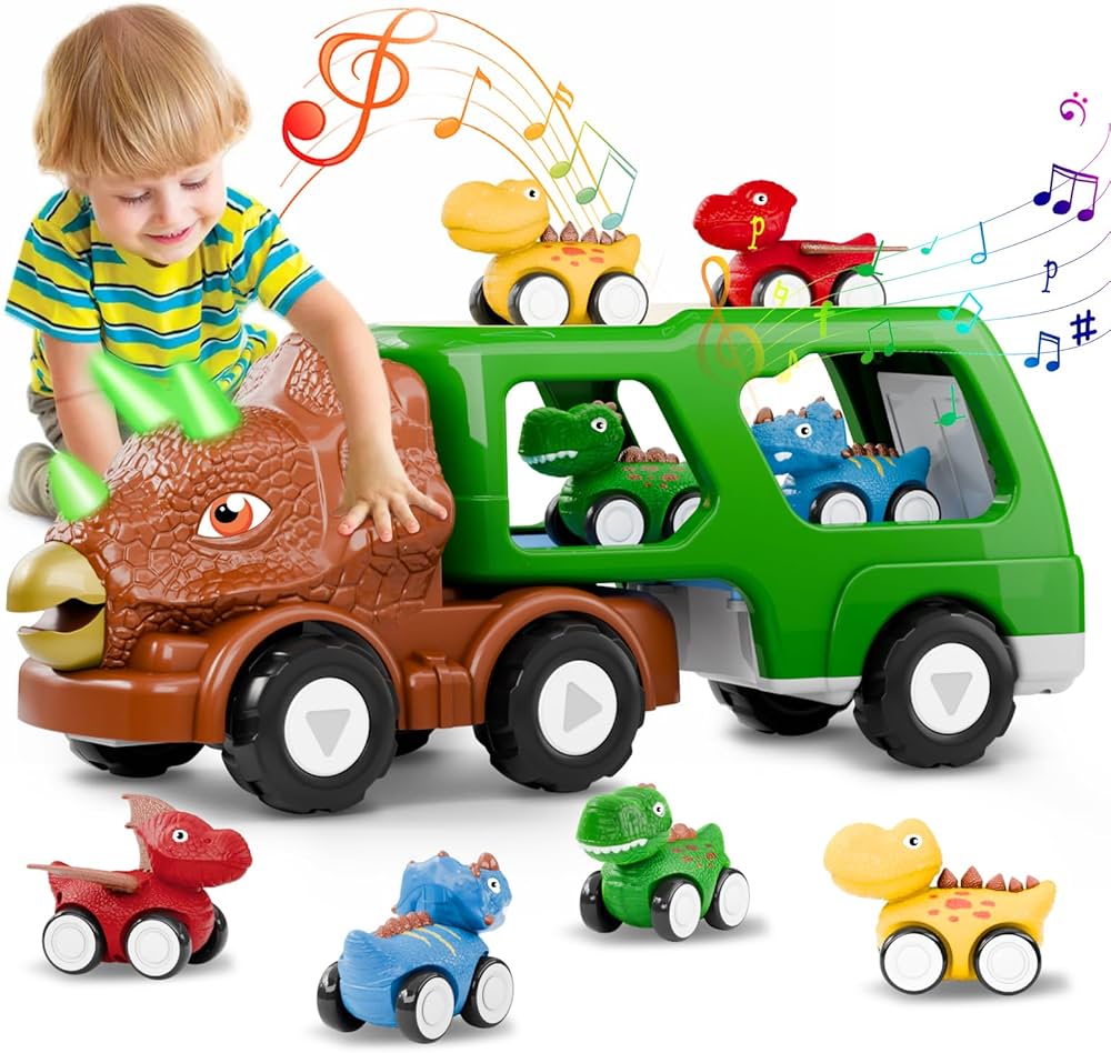 Dinosaur Truck Toys for Kids 3-5 Years, 5-in-1 Dinosaur Transport Carrier Truck with Dino Sound & Light, Dinosaur Truck with 4 Pull Back Cars, Dinosaur Cars Set for Toddlers (Green)