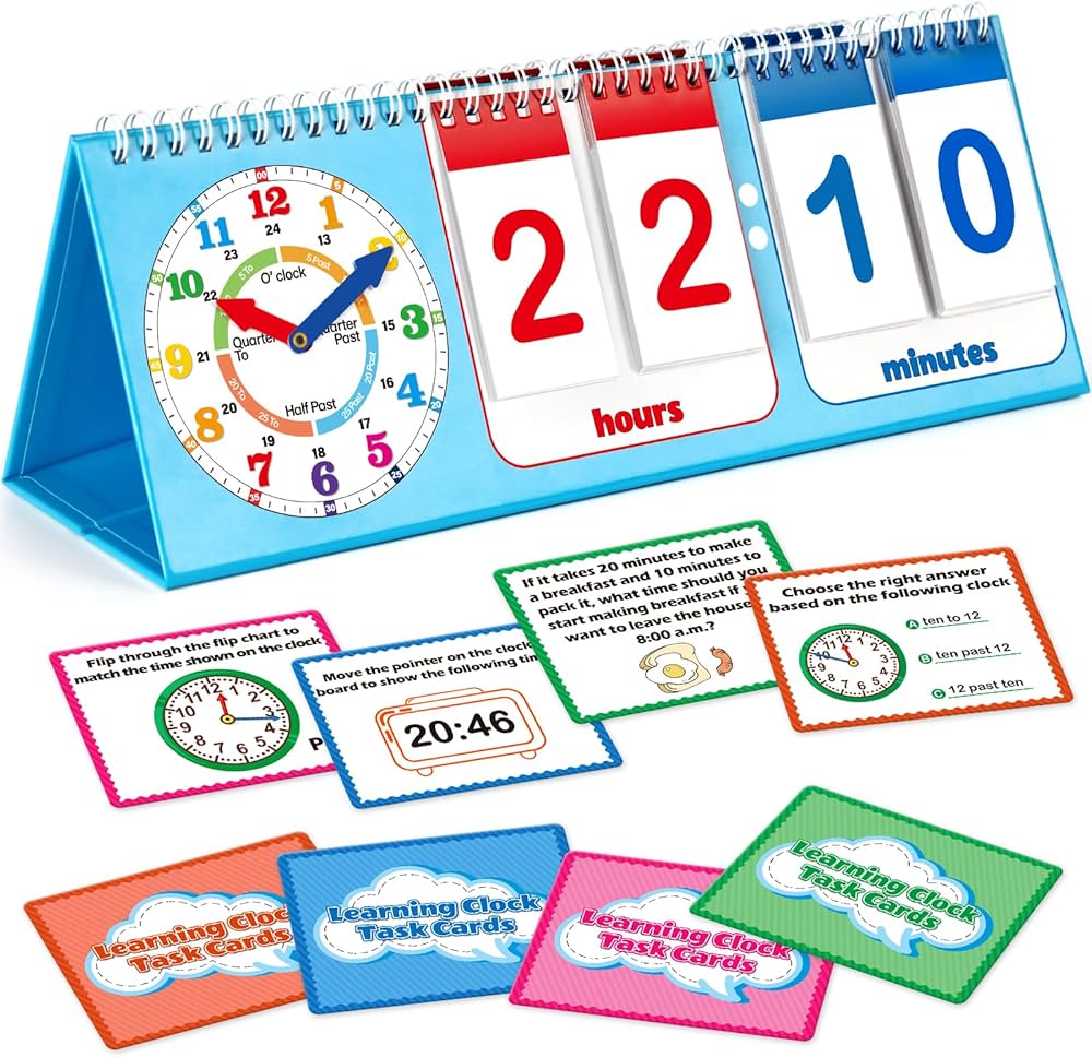 Learning Clock Flip Chart Colorful Analog & Digital Telling Time Teaching Clock for Kids, Math Manipulatives 1st 2nd Grade Homeschool Supplies Kindergarten Preschool Learning Activities Games