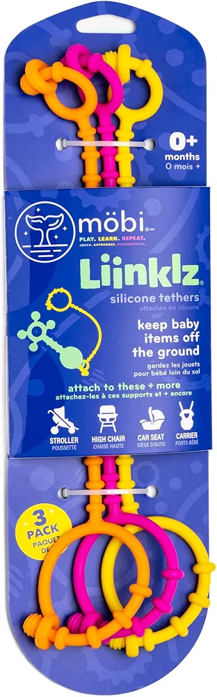 Mobi Liinklz Silicone Tethers -Toy Straps for Baby, Stroller Toy Straps, Baby Toy Holder, Toy Safety Straps, High Chair, Flexible & Soft, Easy to Connect, 0 Months+ - Cool Colors (Pack of 3) (Vibrant)