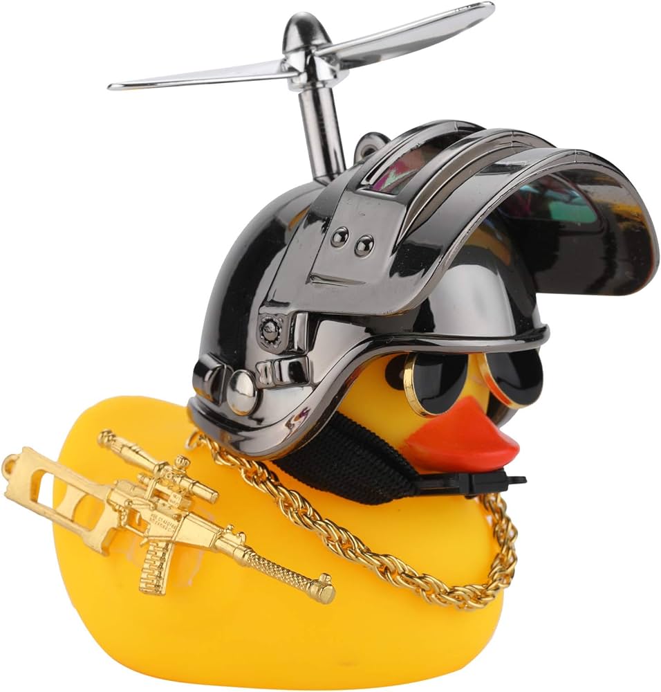 Cute Rubber Duck Toy Car Ornaments Yellow Duck Car Dashboard Decorations Bike Gadgets with Propeller Helmet (Silver grey)