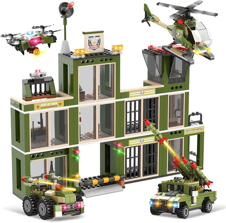 City War Military Army Station Building Blocks Set, Army Helicopter, Heavy Truck, Combat Vehicle, and Drone, Creative Military Brick Toy Best Gift for Kids, Boys Ages 6-12 (802 Pieces)