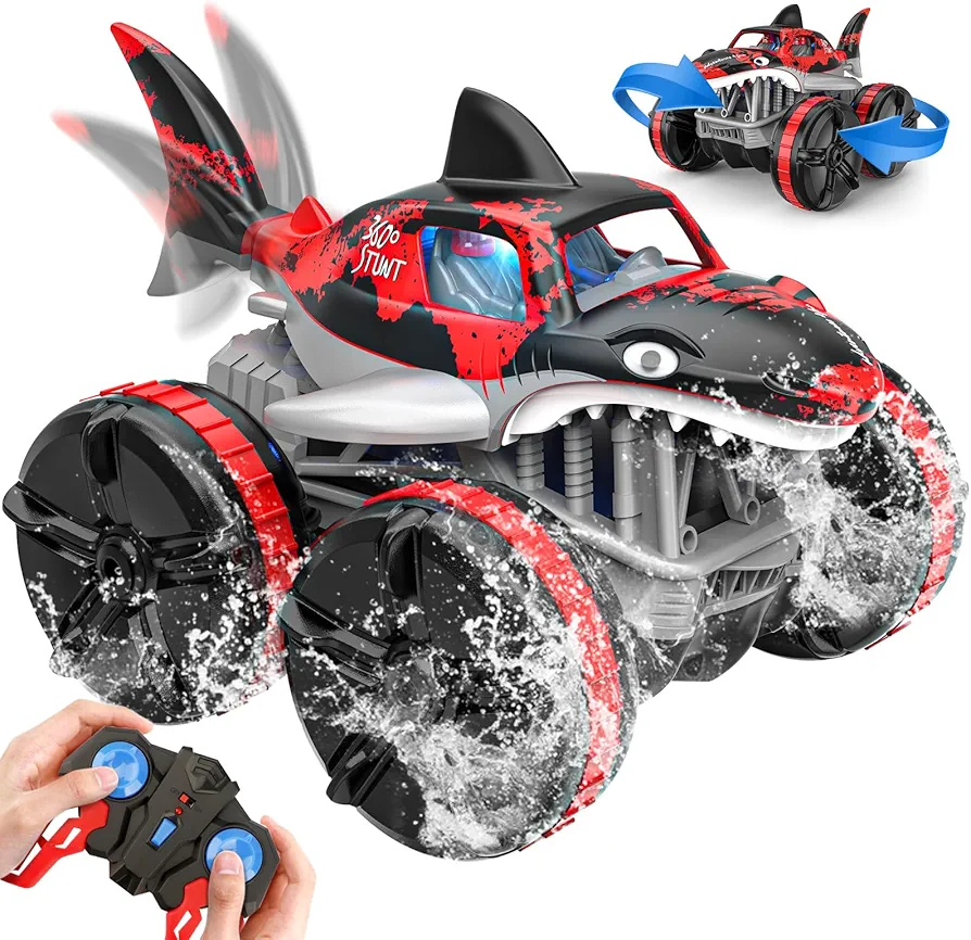 Amphibious Remote Control Car, RC Cars 2.4 GHz Working on Water, All Terrain Monster Shark Truck Stunt Car, Toys Gift for Boys Girls Age 5 6 7 8 9 10