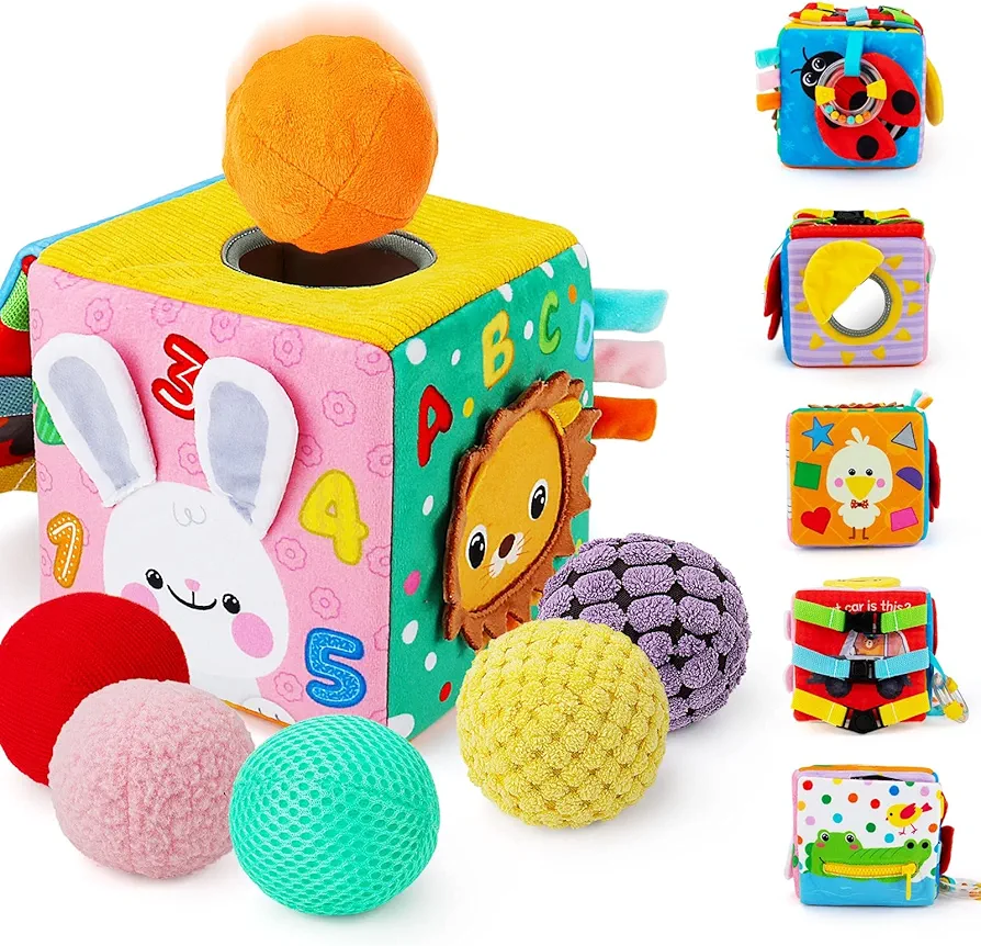 beetoy Sensory Busy Cube for Baby, Montessori Infant Toys with Textured Sensory Balls, Early Learning Travel Toys for Fine Motor Skills, Perfect Newborn Boy and Girl Gift