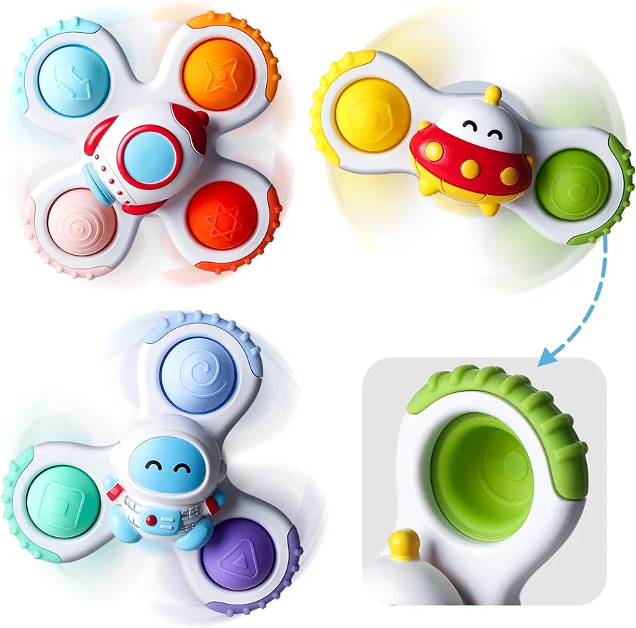 ALASOU 3PCS Pop Suction Cup Spinner Toys for 1 Year Old Boy Girl|Novelty Spinning Tops Toddler Toys Age 1-2|Sensory Baby Bath Toys for Toddlers 1-3|6 12 18 Months Boy Birthday Gift for Infant