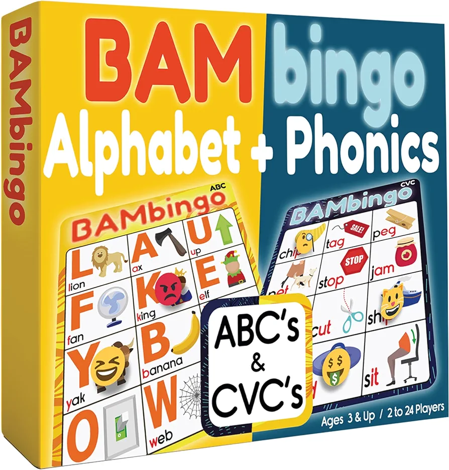 Alphabet and Phonics Bingo - ABC Learning Letter Recognition and CVC Words with Pictures - Phonics Games for Kids Ages 3-6 yrs Preschool Kindergarten