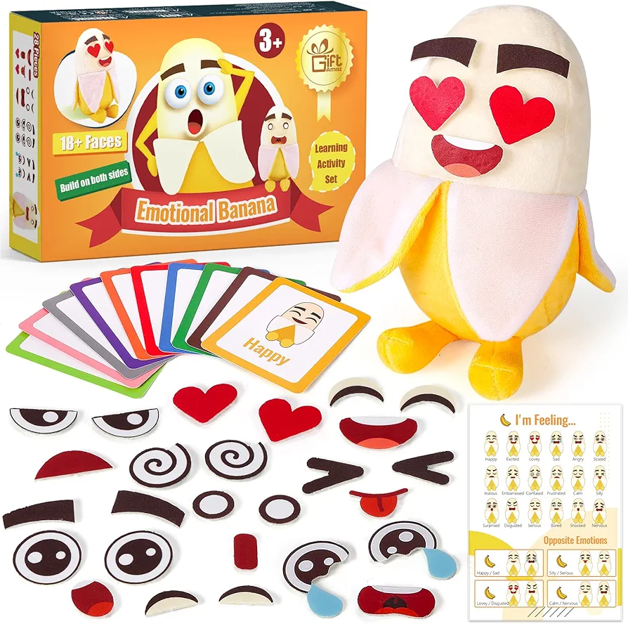 Social Emotional Intelligence Toys - Big Feelings Banana Social Emotional Games for Kids - 26 Facial Expressions and 10 Flashcards, Preschool Learning Activities Birthday Toy for Kid 3+