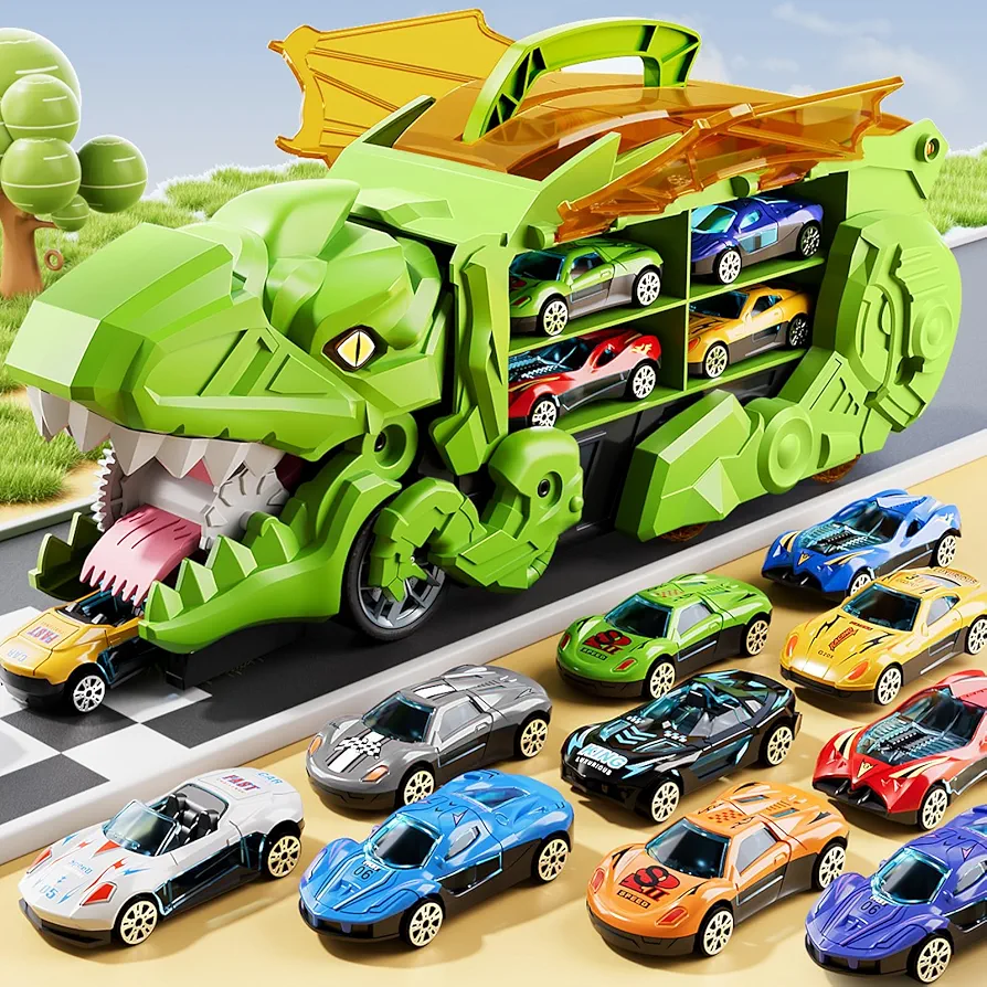 Transformed Dinosaur Truck Toy with 10 Diecast Racing Cars, Dino Transport Car with Wings and Handle for Kids, Birthday Gift for 3 4 5 6 7 Year Old Boys Girls