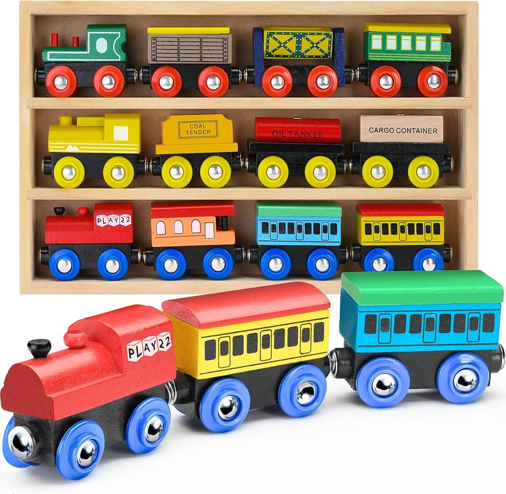 Wooden Train Set 12 PCS - Train Toys Magnetic Set Includes 3 Engines - Toy Train Sets For Kids Toddler Boys And Girls - Compatible With All Major Brands - Original - By Play22