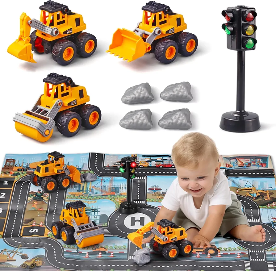 Kids Construction Toys Construction Trucks,The Construction Toy Set includes Construction Vehicle Toys Excavator Bulldozer Road Roller，Construction Toys for 3+ Year Old Boys(Kids Gifts)