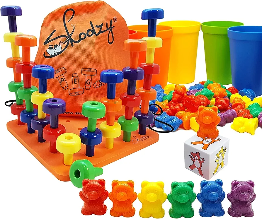 Skoolzy Montessori Peg Board and Rainbow Counting Bears 102 Piece Bundle - Toddler Learning Toys Occupational Therapy and STEM Educational Toys for Kids