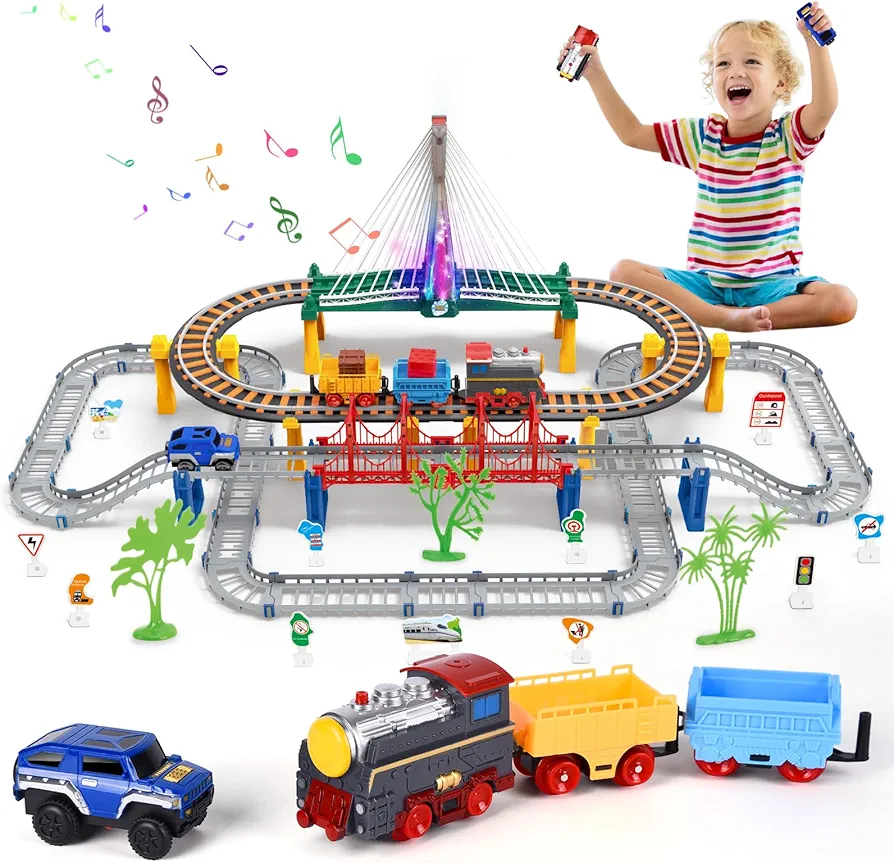 Toy Train Set for Toddler, Race Car Track, Construction Toys Race Tracks for Boys Kids Toys, Train Track Set with Cars, Electric Train with Sound for Kids Toddlers 3 4 5 6 Year