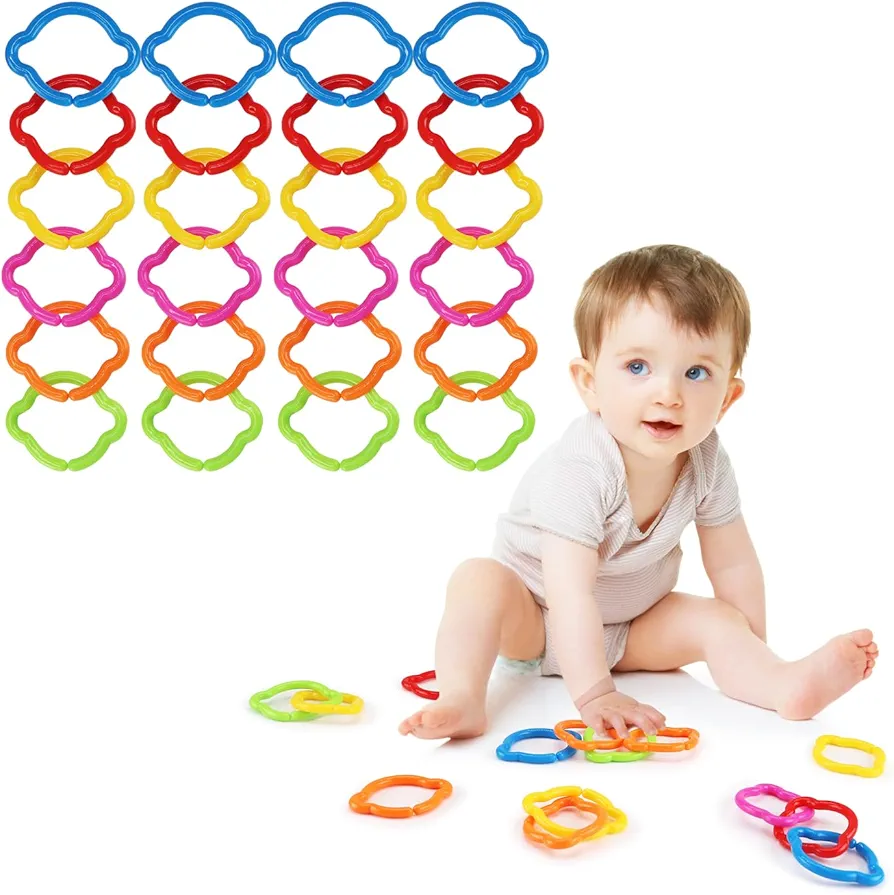 KAKIBLIN Baby Links Rings, Baby Toys Links, Hanging Stroller Ring Toy,Connecting Baby Rings Toy Links for Car Seat,Baby Stroller 24 Pcs, Ages 0 Months Plus,Travel Accessory Set (24 pcs Multicolor)