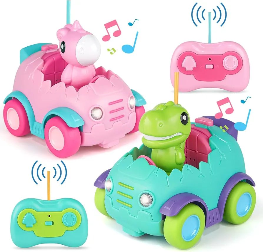 Nueplay Remote Control Car for Toddler Age 2 3 4 5, Electric RC Car Toys with Light & Music, Toddler Toys, Dinosaur & Pink Horse Figures Truck Race Car Vehicles, Birthday Gift for Boys & Girls, 2 Pack