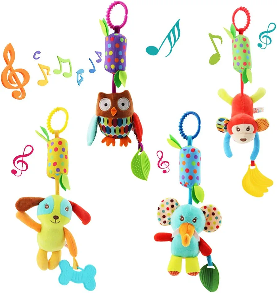 4 PCS Baby Soft Hanging Rattle Crinkle Squeaky Toy - Baby Toys for 0 3 6 9 to 1 Animal Ring Plush Stroller Infant Car Bed Crib Travel Activity Hanging Wind Chime with Teether for Boys Present