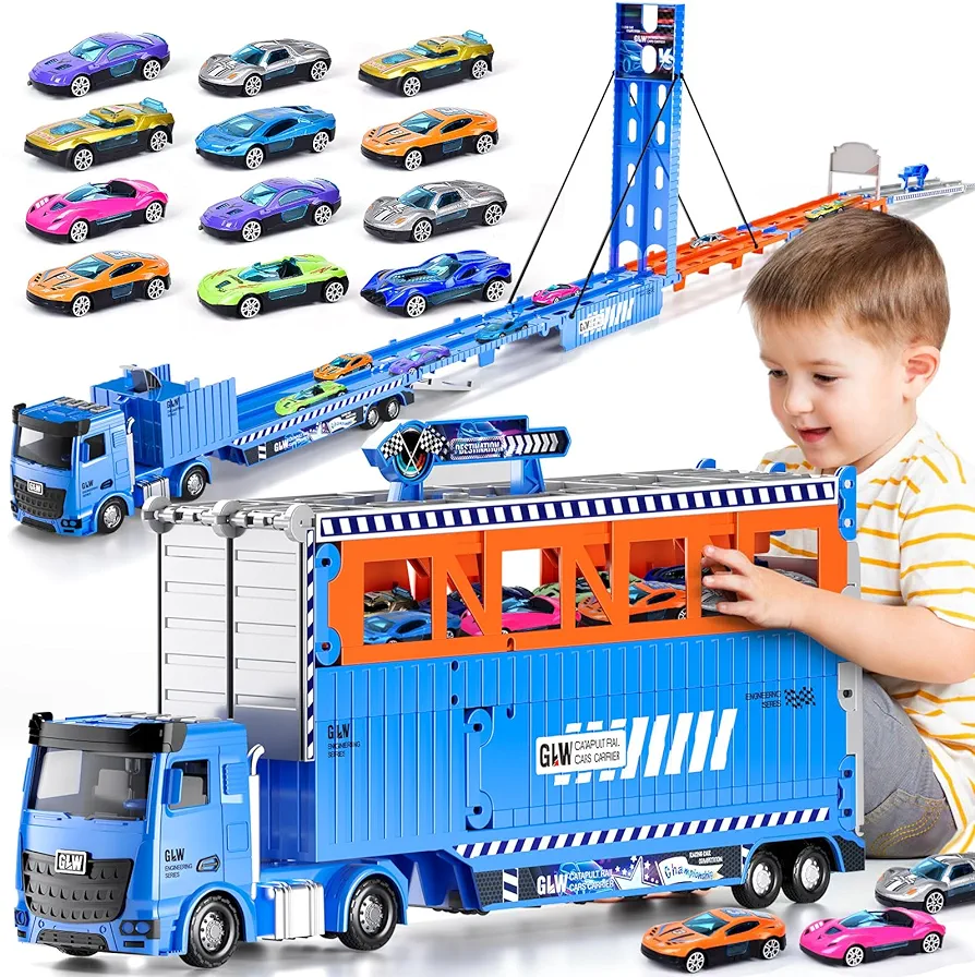 Toddler Toys for 3 4 5 6 Years Old Boys, Transport Car Carrier Truck with 79-Inch Race Track & 12 Die-Cast Toy Car for Toddlers Kids Boy Birthday