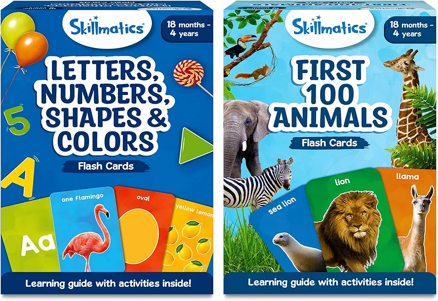 Skillmatics Flash Cards for Toddlers - Letters, Numbers, Shapes & Colors and First 100 Animals Bundle, Montessori Toys & Games, Preschool Learning for Kids 1, 2, 3, 4 Years