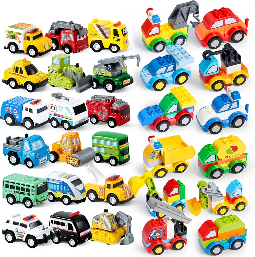 JOYIN 18 Pcs Pull Back City Cars and Trucks Toy Vehicles Set with 80Pcs Toddlers Car Building Blocks Set, Friction Powered Cars Toys for Toddlers, Boys, Girls’ Educational Play