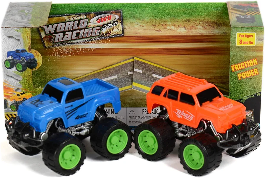 Set of 2 Friction Powered Monster Trucks Toys for Kids Boys Girls, Includes 2 Ramps