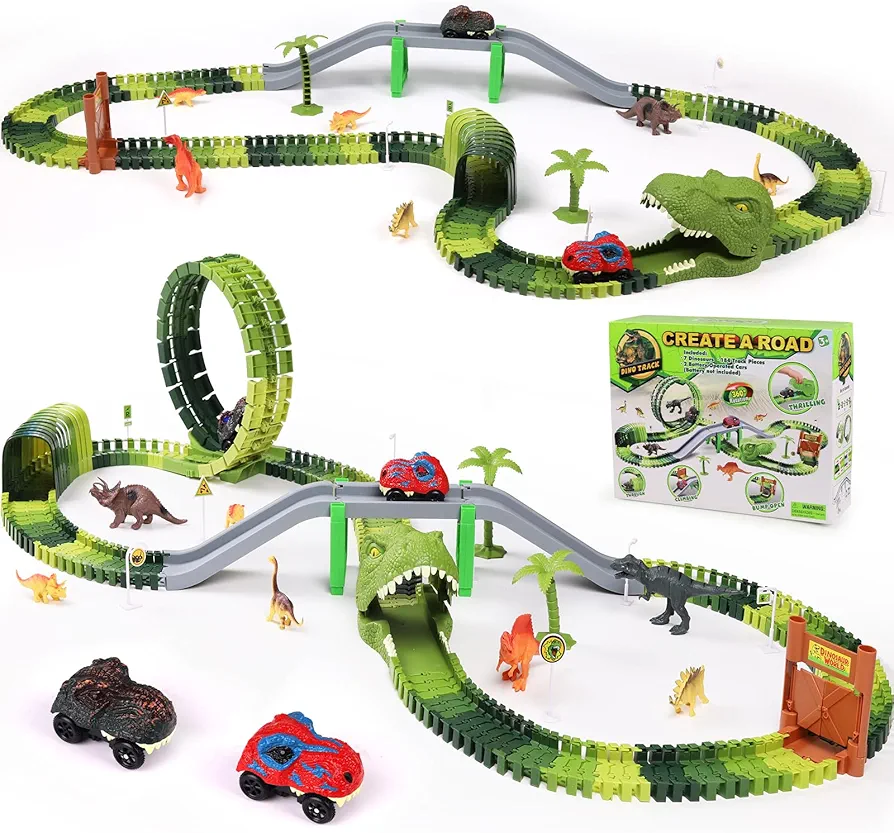 Dinosaur Race Track Toys for Kids Toddlers, Dinosaur Toys for 3 4 5 6 7 8Years Old Boys and Girls,Flexible Train Tracks with 3 Dinosaur Cars