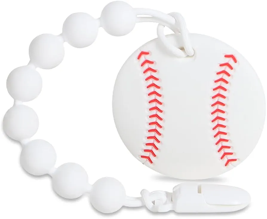 Baby Sports Ball Teething Toys,Food Grade Silicone Teether with One-piece Pacifier Clip Holder,Shower Gift,Teething Pain Relief for 3 Months+ Boy and Girl,BPA Free,Freezer Safe. (Baseball)