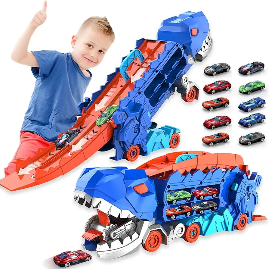 Dinosaur Hauler Track Toy for Toddlers, Dinosaur Transporter Truck with 12 Die-Cast Race Cars, Transforms into Stomping Dino with Race Track, Toddler Car Toys Set for Boys Girls 3-6 Years