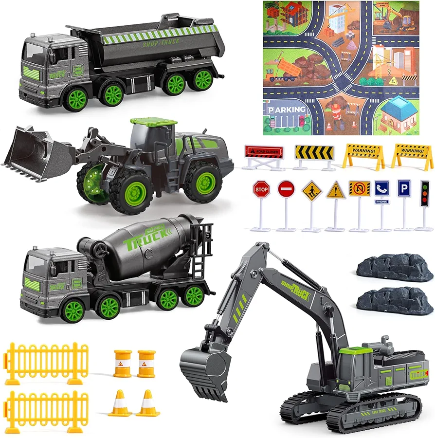 Construction Truck Toys for 3 4 5 6 Year Old Boys - 4 Pack Friction Power Die-cast Vehicle Car Toy Set w/Play Mat for Toddler, Gift Truck Alloy Metal for Age 3-9 Toddlers Kids Boys & Girls