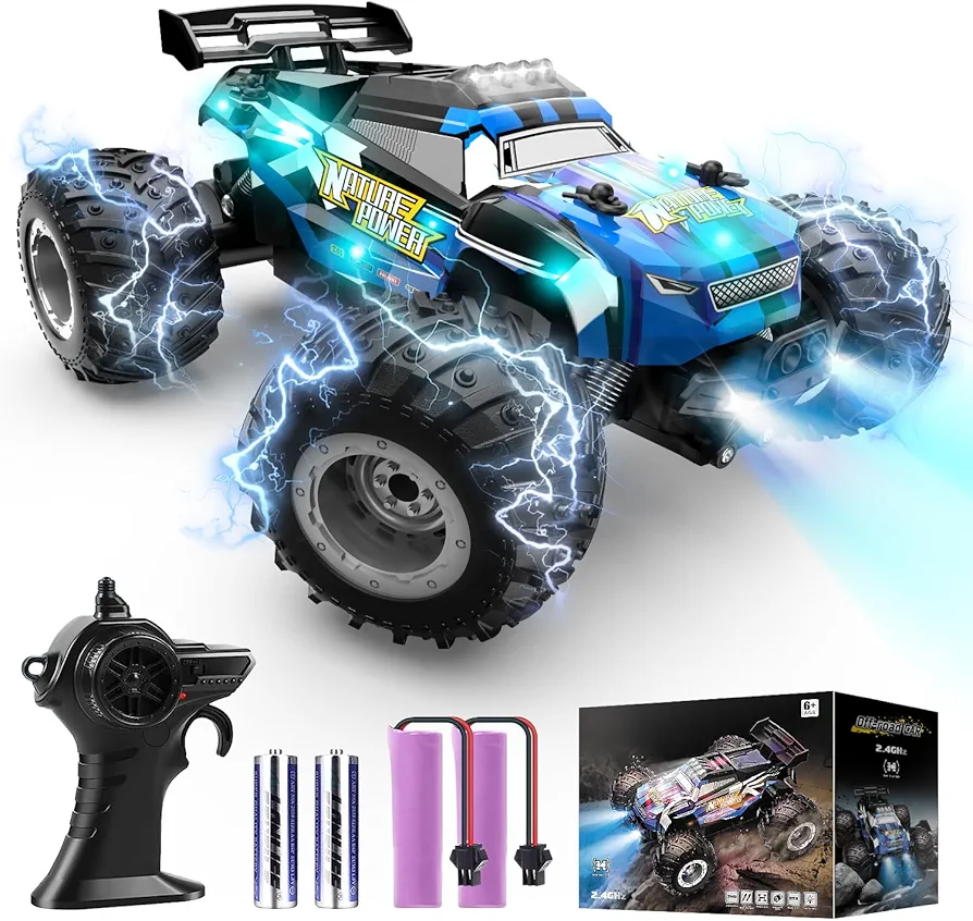 Remote Control Car, 2.4Ghz Glow-up RC Cars with Body Lights & Headlights, 2 Rechargeable Batteries for 40 Min Play, 20 KM/H All Terrain Off-Road Monster Truck,Toys for Boys Kids Age 4-7 8-12 Xmas Gift