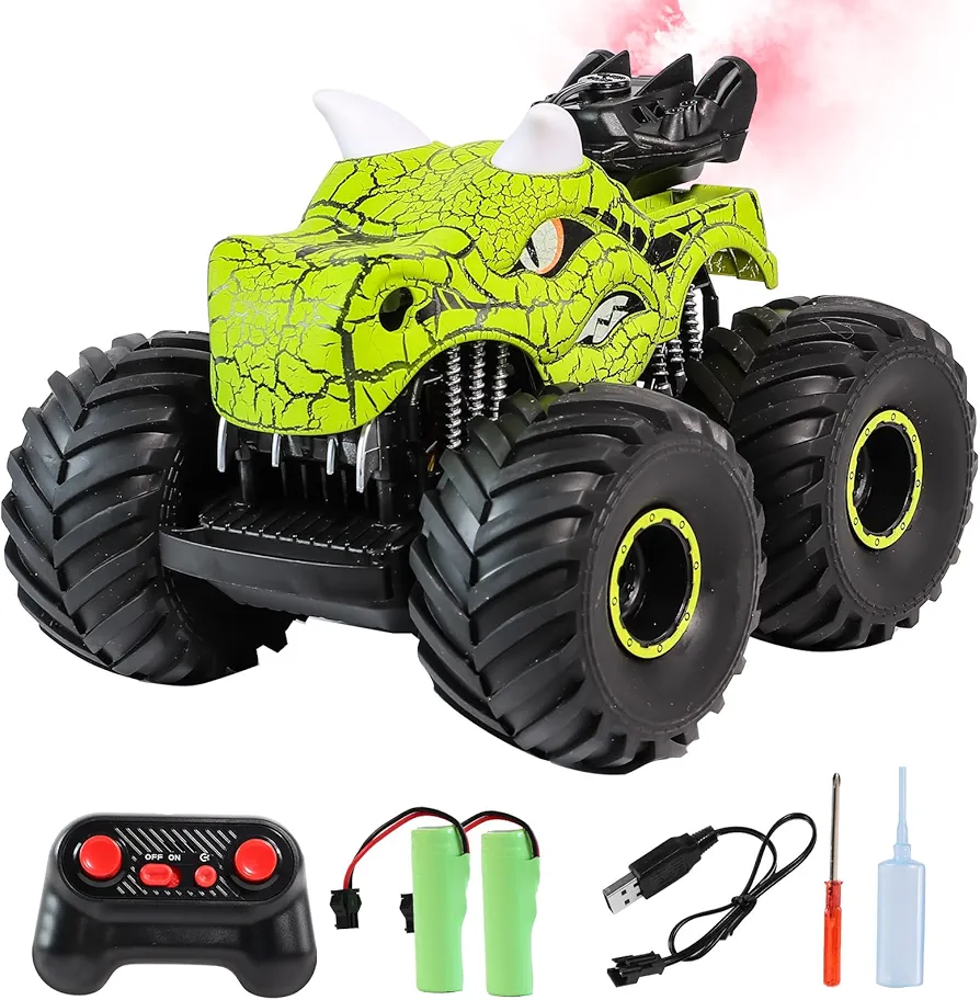 Remote Control Dinosaur Car Toys for Kids Age 3+, RC Monster Truck with Lights Sound Spray for Boys Girls 3-5 4-7 8-12 Years Old, Rotating Hobby RC Stunt Cars Birthday (Green)