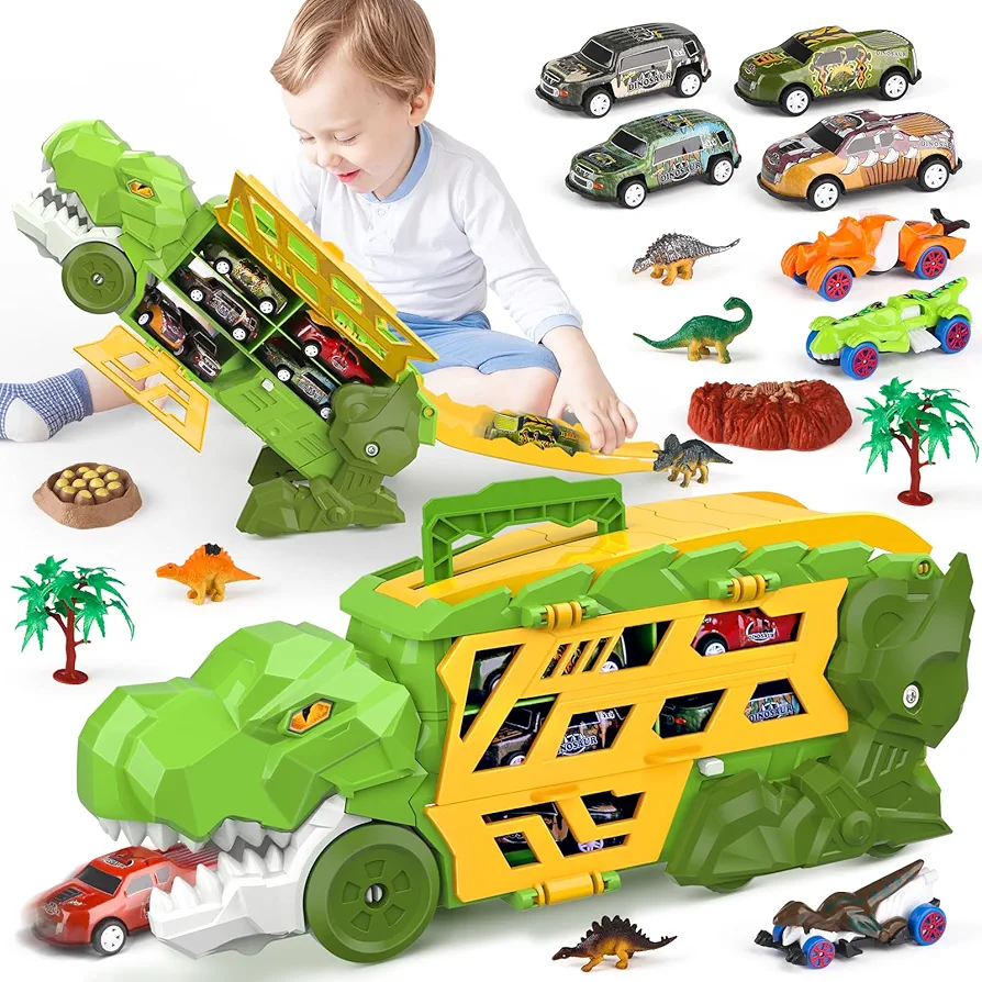 Dreamon Dinosaur Car Toys for Kids 3-5 5-7, 30 Pcs Tyrannosaurus Rex Truck Toy with Race Track Tail and 10 Mini Cars, Dinotrux Gift Ideas for Boys and Children Ages 2 3 4 5 6 7 8