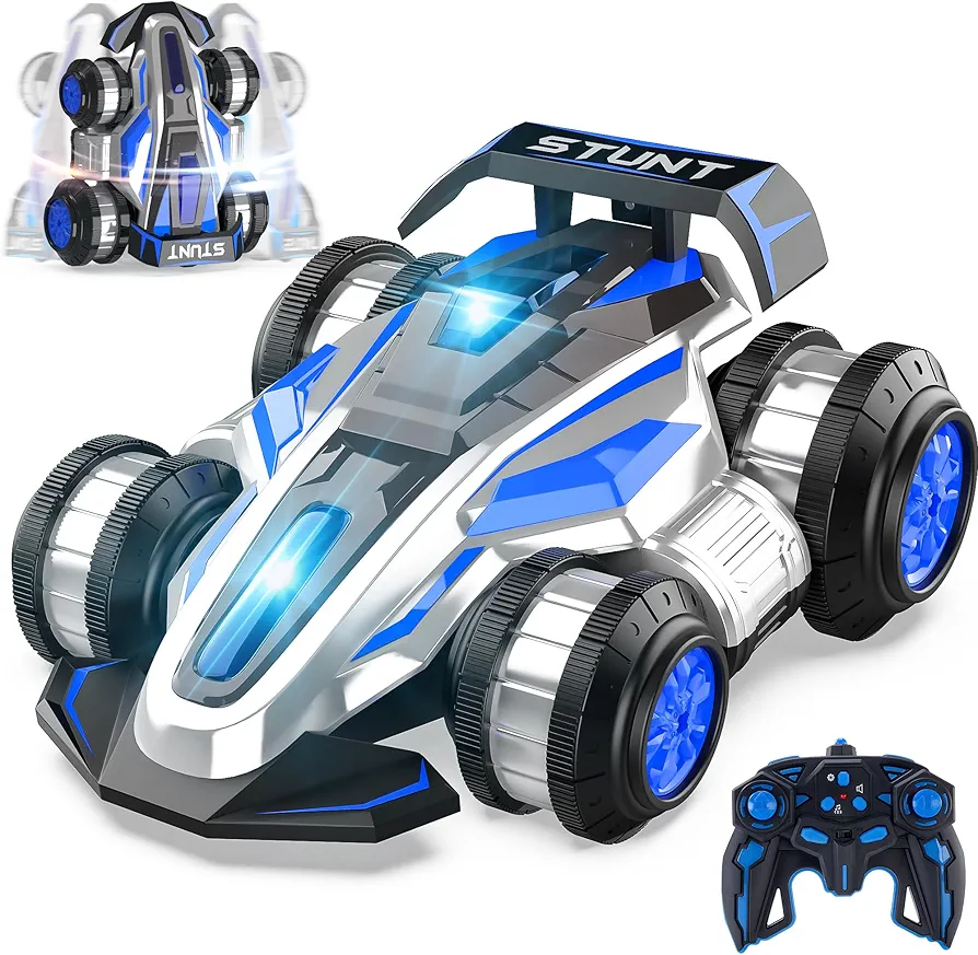 BEZGAR Remote Control Car RC Stunt Car - 2.4Ghz All Terrain Rc Car with Lights and 360 Rotate, New Upgraded 4WD High Speed Off Road Rc Stunt Car, Rc Cars for Boys Age 8-12