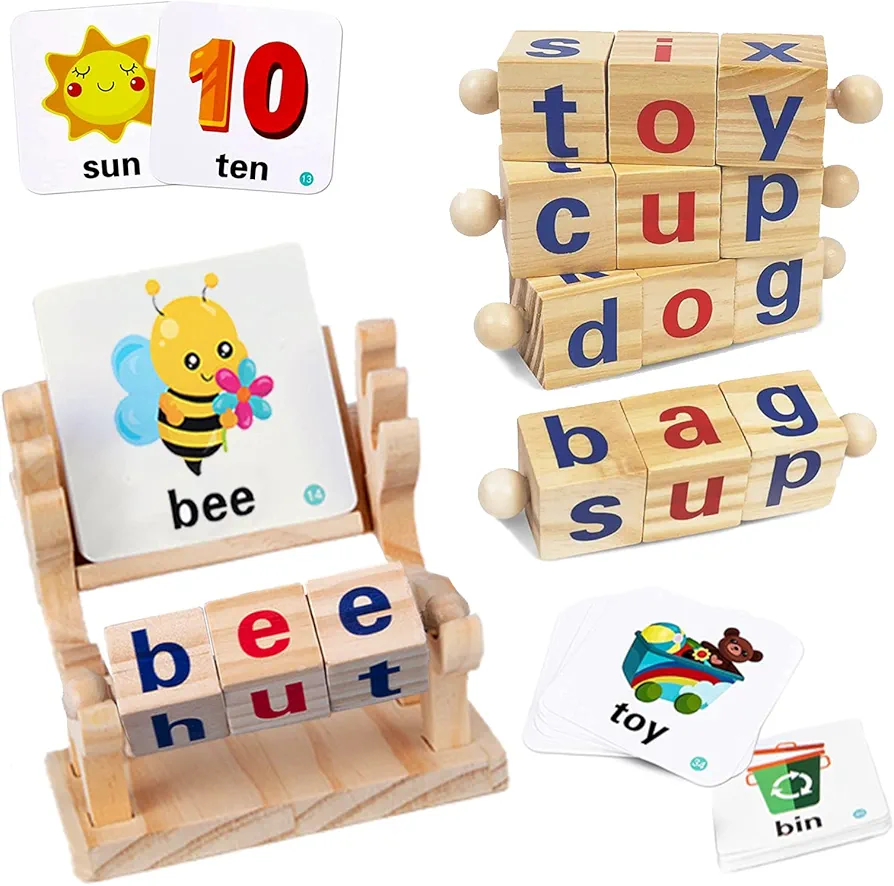 Wooden Reading Blocks,Montessori Toys Flash Cards Turning,Short Vowel Rotating Matching Letters Toy for Kids,Wooden Spelling Toy for Preshcool Boys Girls.